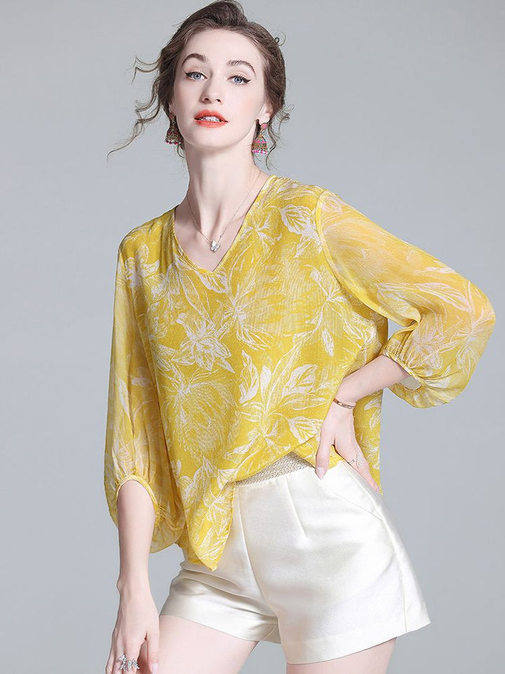 Yellow Tropical Leaf Print V-Neck Sheer Bracelet Sleeve Silk Blouse