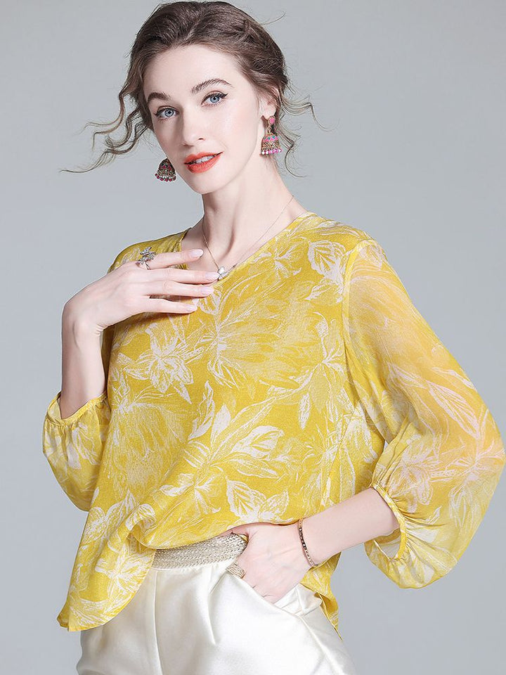 Yellow Tropical Leaf Print V-Neck Sheer Bracelet Sleeve Silk Blouse