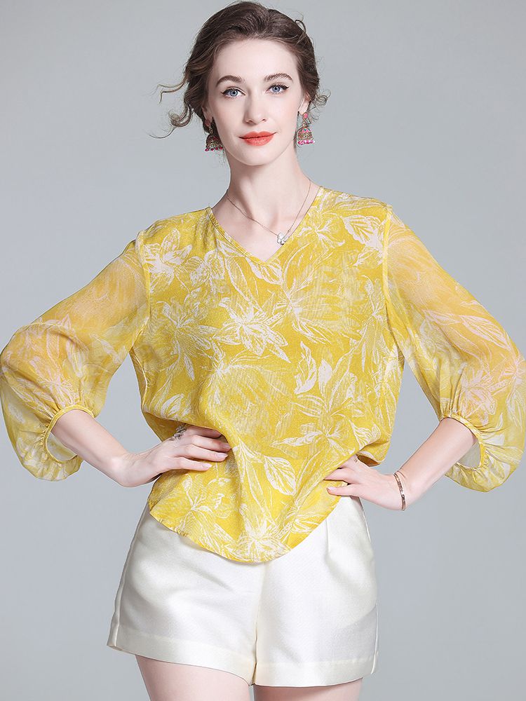 Yellow Tropical Leaf Print V-Neck Sheer Bracelet Sleeve Silk Blouse