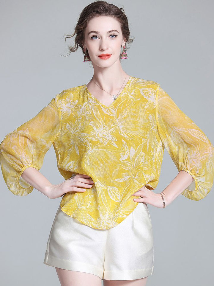 Yellow Tropical Leaf Print V-Neck Sheer Bracelet Sleeve Silk Blouse