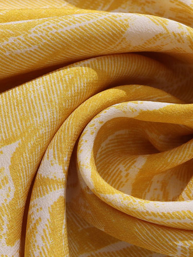 Yellow Tropical Leaf Print V-Neck Sheer Bracelet Sleeve Silk Blouse
