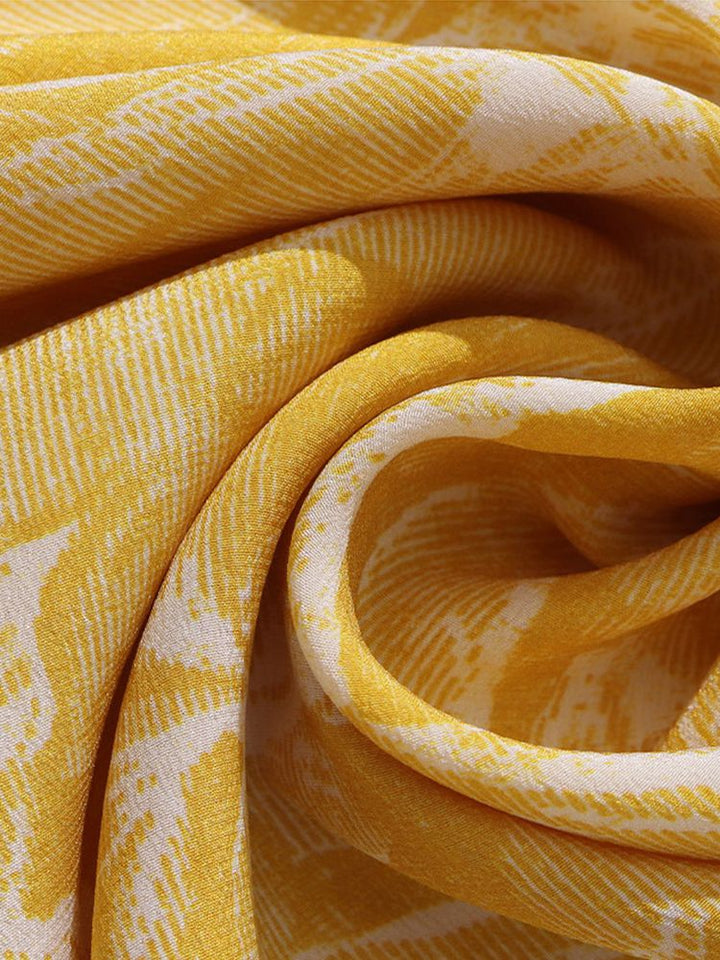 Yellow Tropical Leaf Print V-Neck Sheer Bracelet Sleeve Silk Blouse