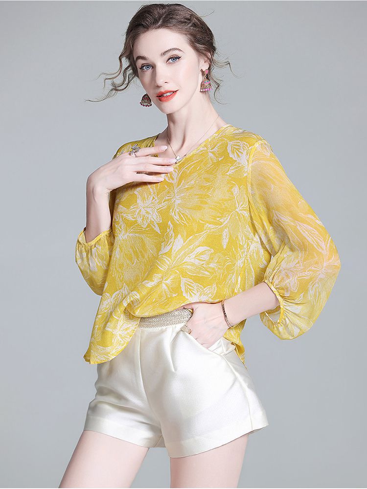 Yellow Tropical Leaf Print V-Neck Sheer Bracelet Sleeve Silk Blouse