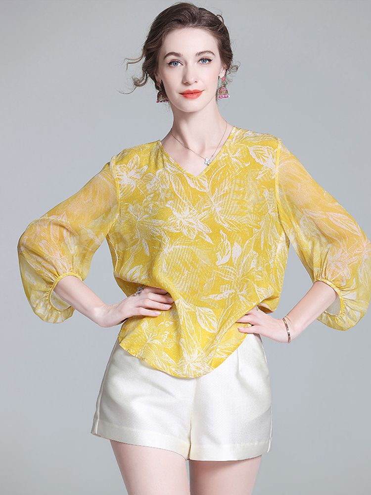 Yellow Tropical Leaf Print V-Neck Sheer Bracelet Sleeve Silk Blouse