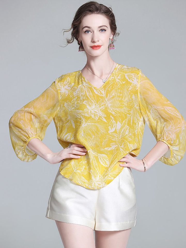 Yellow Tropical Leaf Print V-Neck Sheer Bracelet Sleeve Silk Blouse