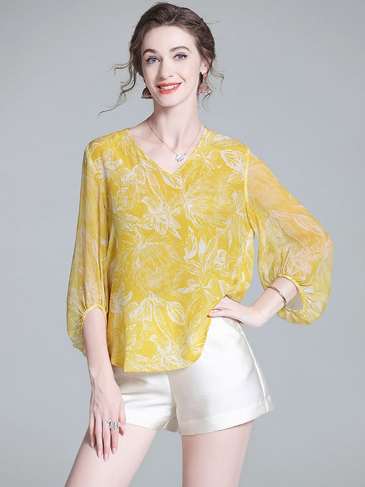 Yellow Tropical Leaf Print V-Neck Sheer Bracelet Sleeve Silk Blouse