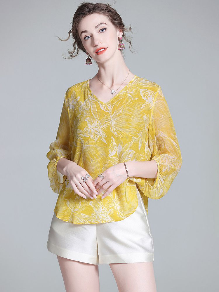 Yellow Tropical Leaf Print V-Neck Sheer Bracelet Sleeve Silk Blouse