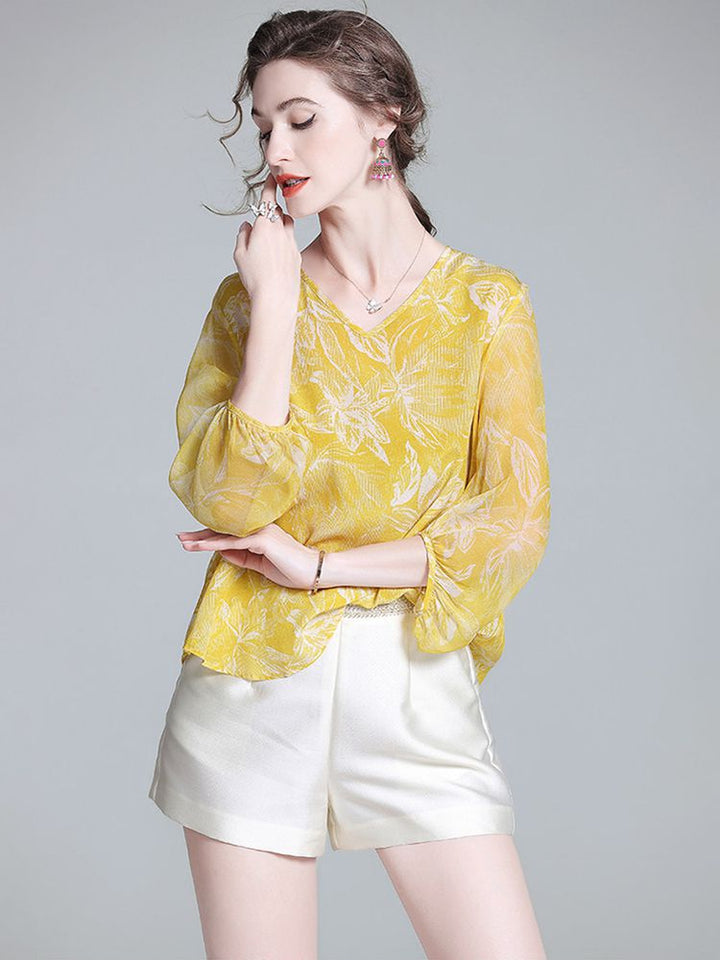 Yellow Tropical Leaf Print V-Neck Sheer Bracelet Sleeve Silk Blouse