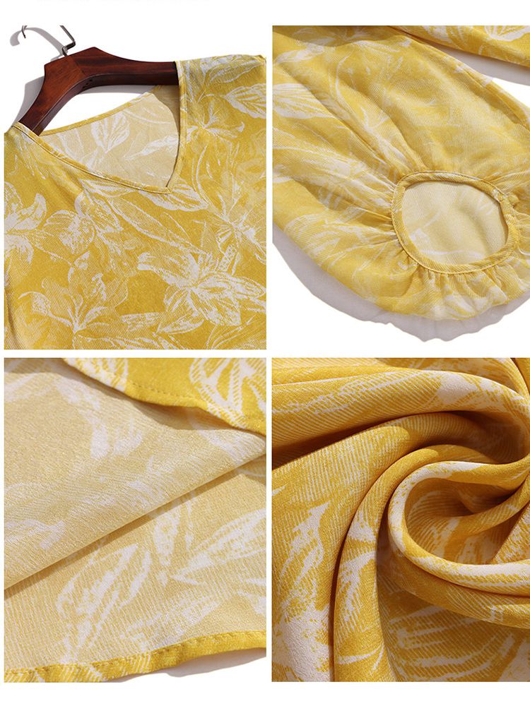 Yellow Tropical Leaf Print V-Neck Sheer Bracelet Sleeve Silk Blouse