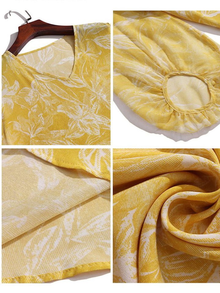 Yellow Tropical Leaf Print V-Neck Sheer Bracelet Sleeve Silk Blouse