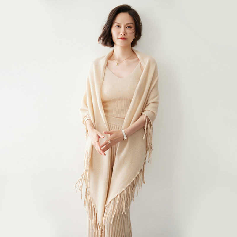 Women's Soft Triangle Cashmere Shawl Wrap with Fringe CP042