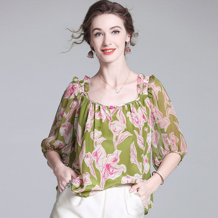 Women’s Square Neck Puff Sleeves Green Floral Print Silk Blouse