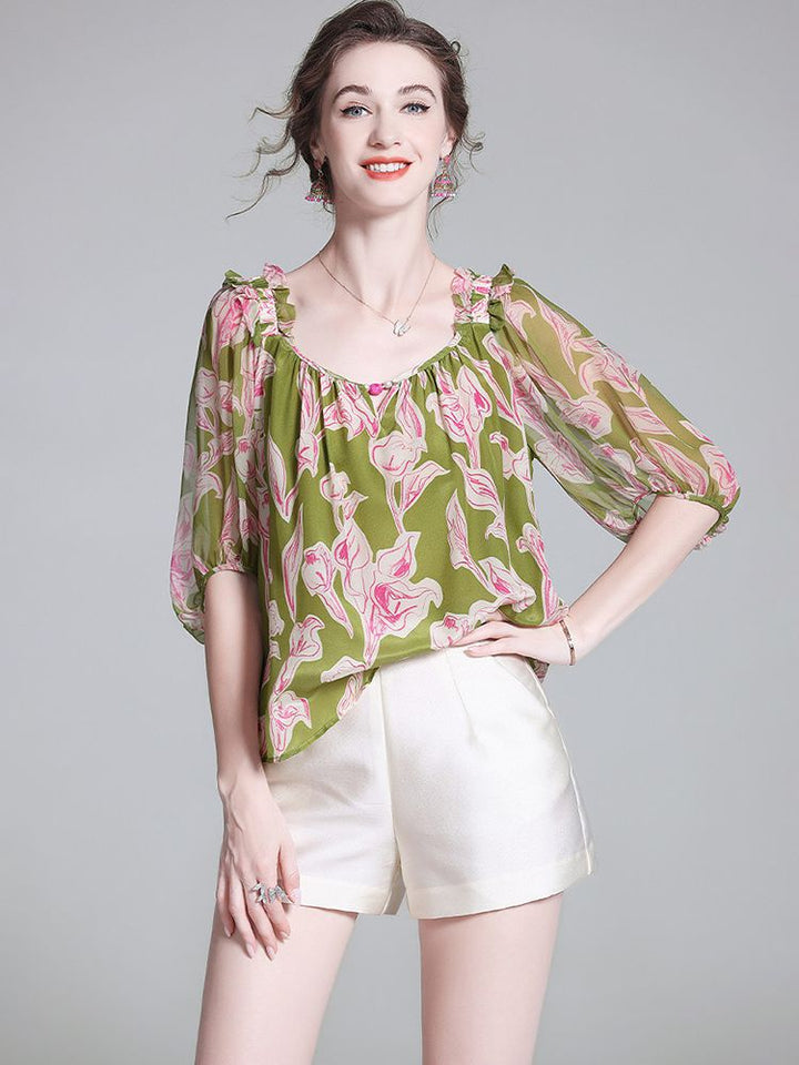 Women’s Square Neck Puff Sleeves Green Floral Print Silk Blouse
