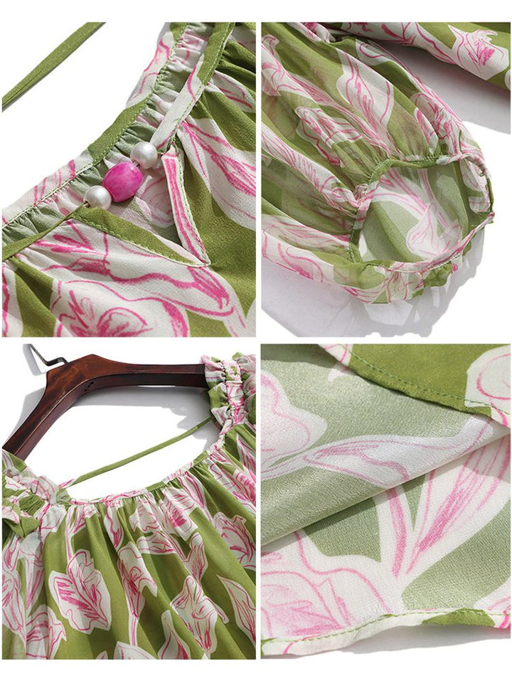 Women’s Square Neck Puff Sleeves Green Floral Print Silk Blouse