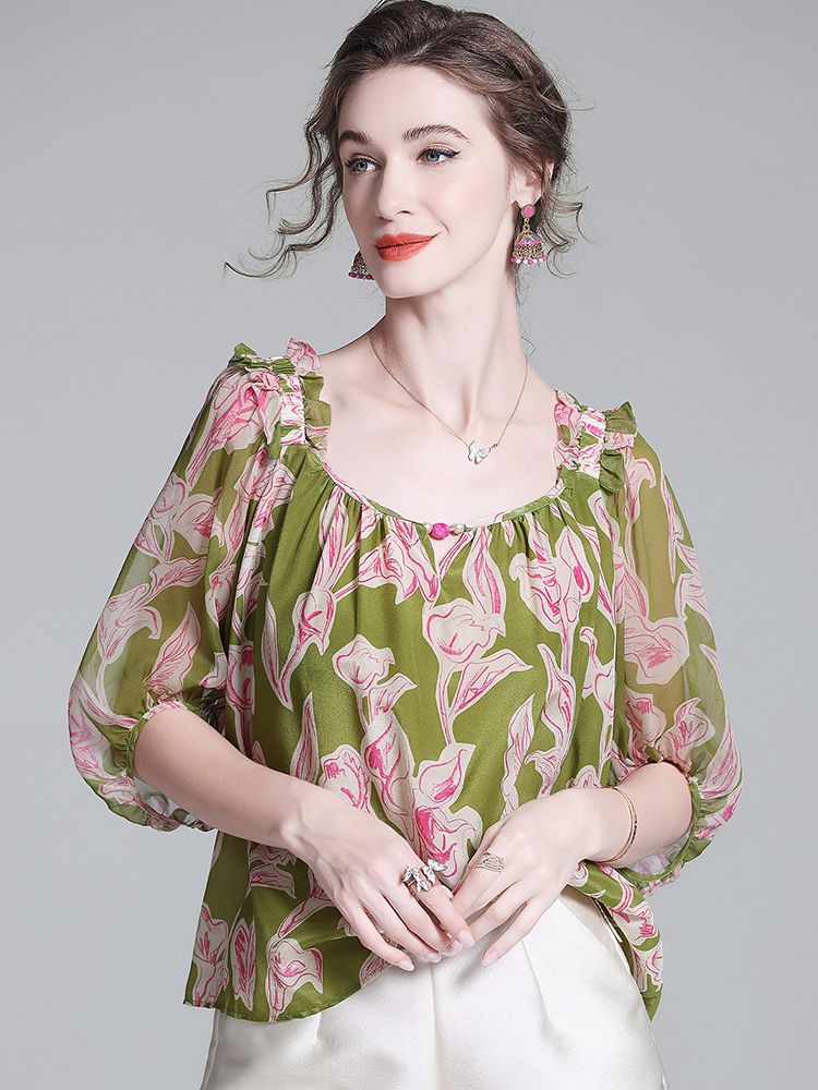 Women’s Square Neck Puff Sleeves Green Floral Print Silk Blouse