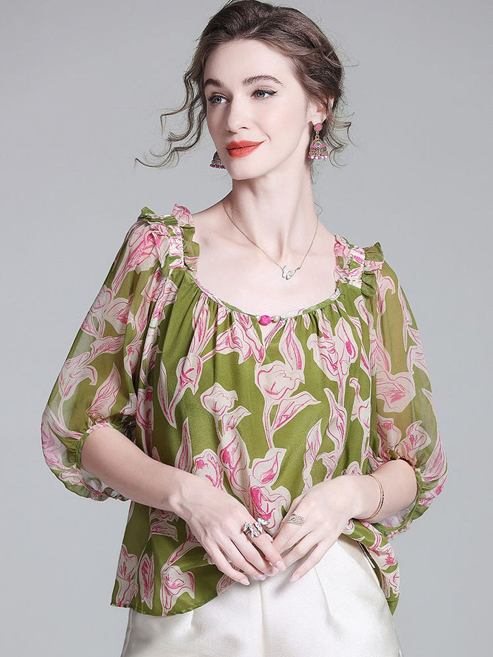 Women’s Square Neck Puff Sleeves Green Floral Print Silk Blouse