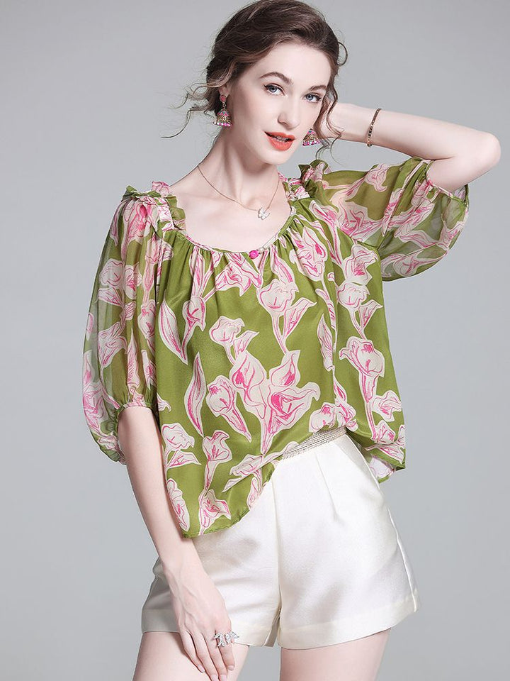 Women’s Square Neck Puff Sleeves Green Floral Print Silk Blouse