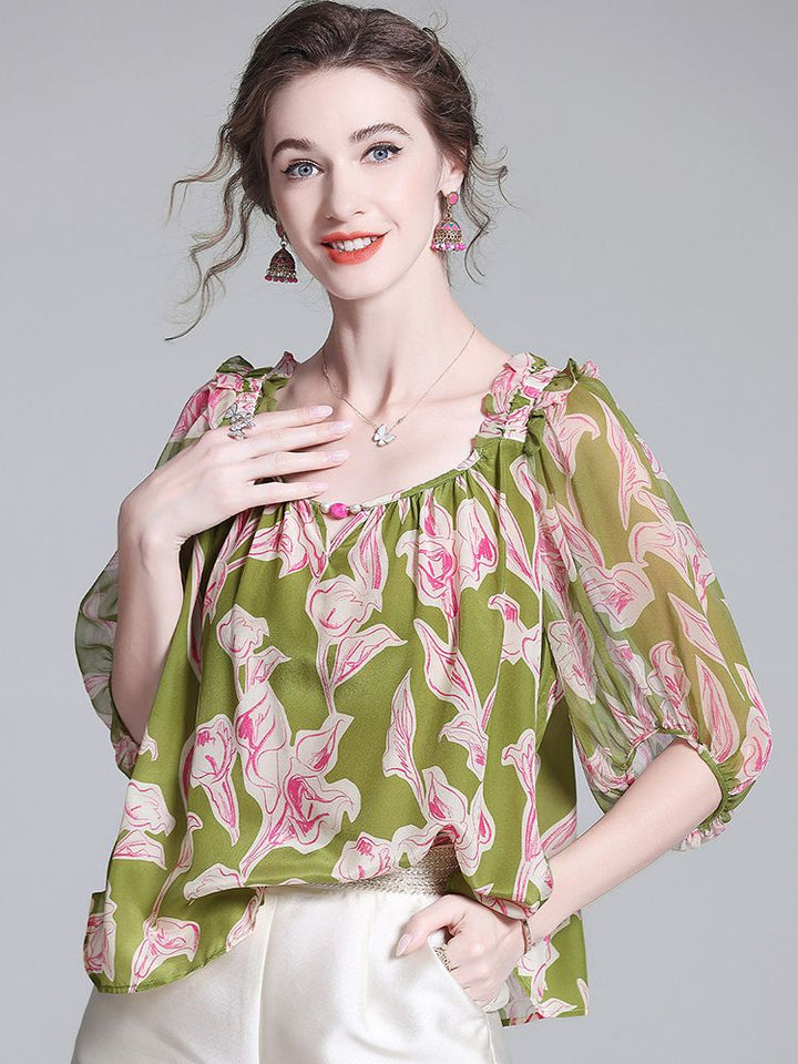 Women’s Square Neck Puff Sleeves Green Floral Print Silk Blouse