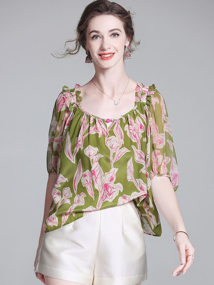 Women’s Square Neck Puff Sleeves Green Floral Print Silk Blouse