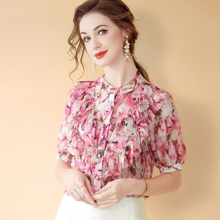 Women's Stand Collar Rose Floral Ruffled Short Sleeve Button Down Silk Blouse