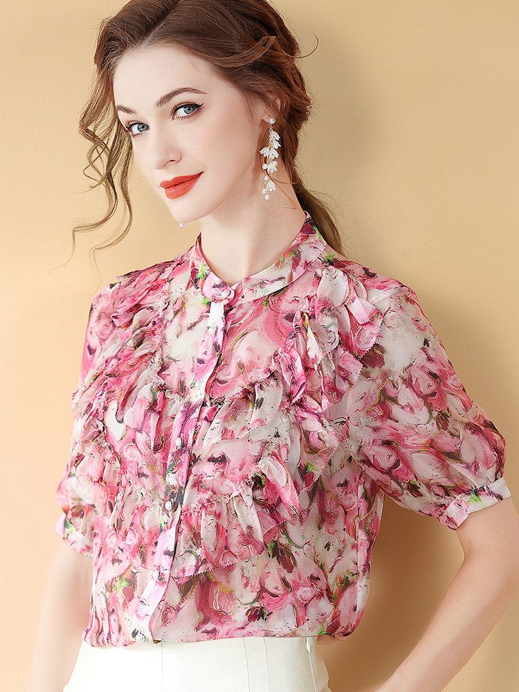 Women's Stand Collar Rose Floral Ruffled Short Sleeve Button Down Silk Blouse