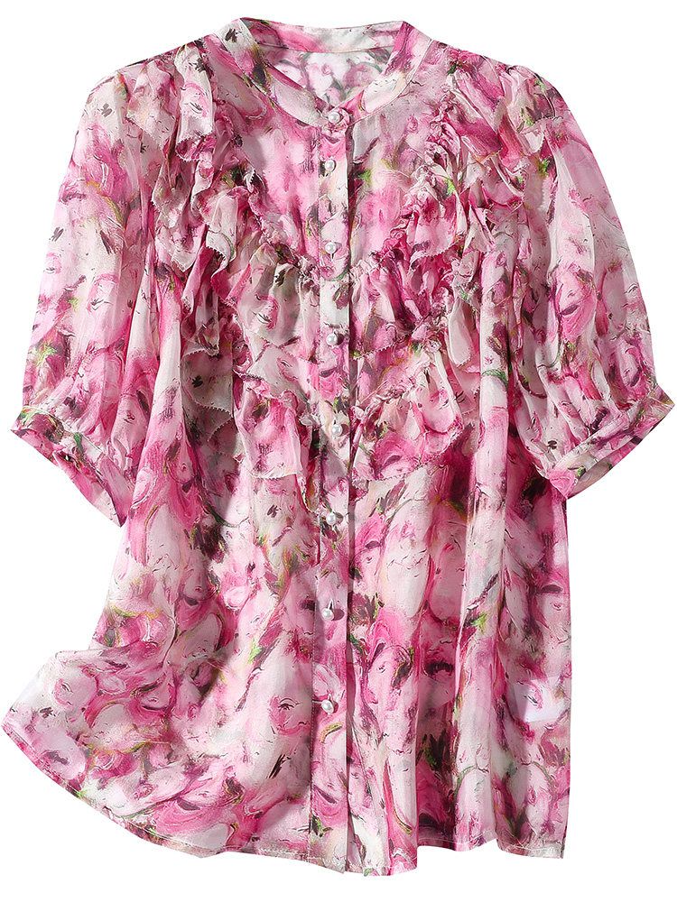 Women's Stand Collar Rose Floral Ruffled Short Sleeve Button Down Silk Blouse