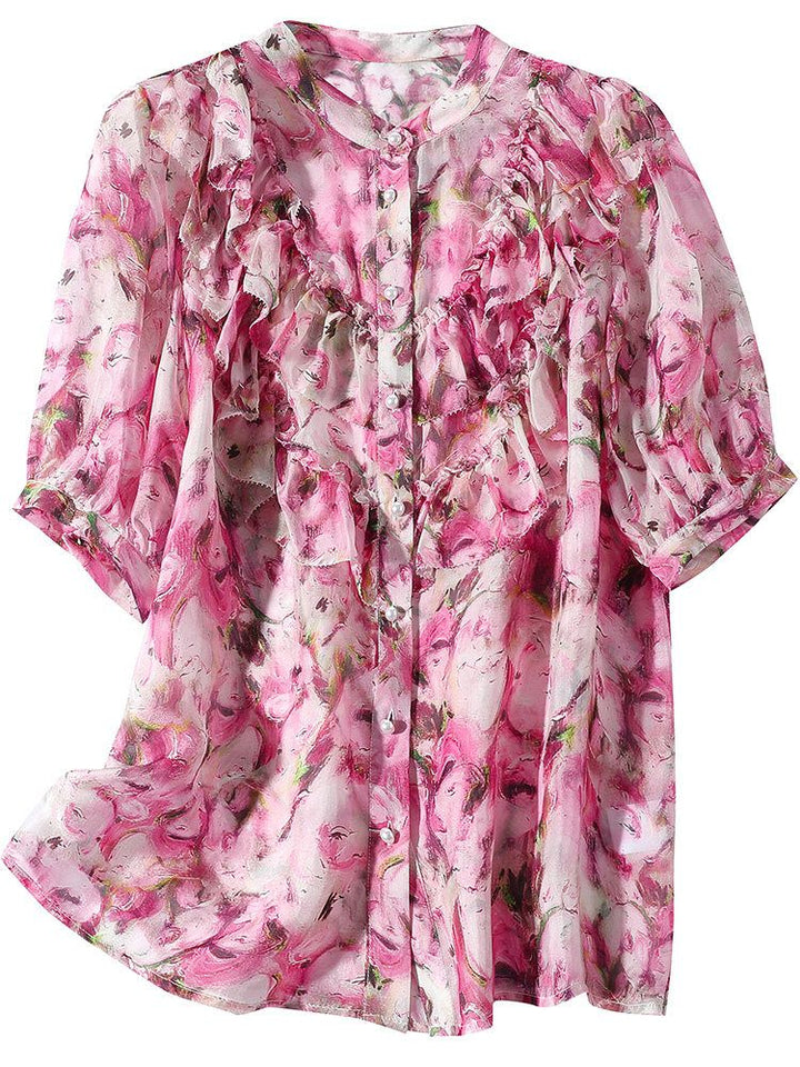 Women's Stand Collar Rose Floral Ruffled Short Sleeve Button Down Silk Blouse