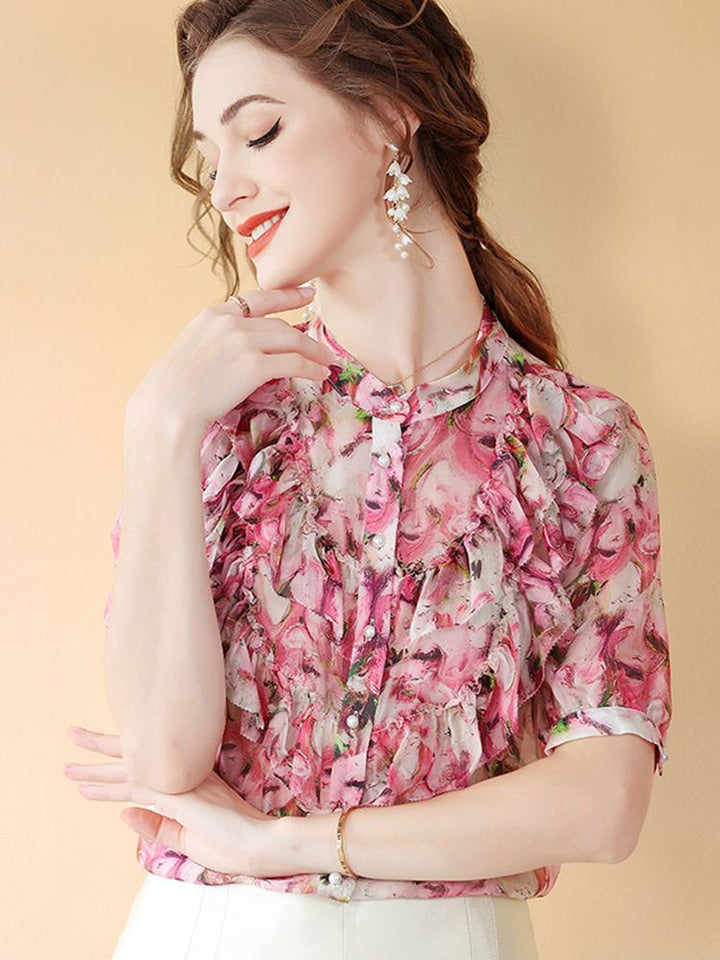 Women's Stand Collar Rose Floral Ruffled Short Sleeve Button Down Silk Blouse