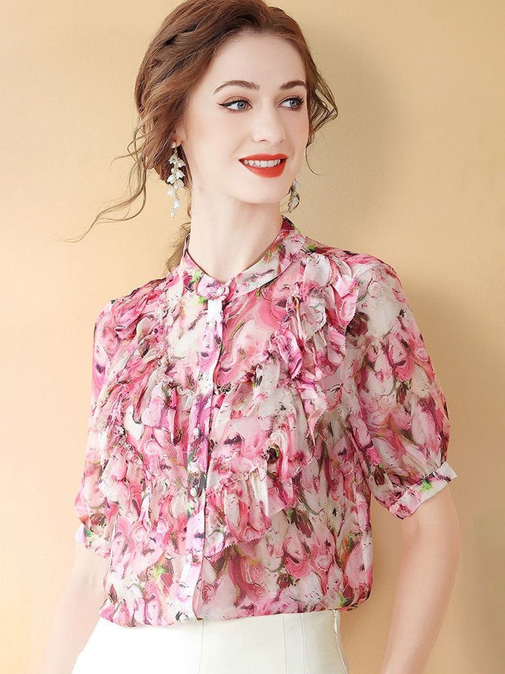 Women's Stand Collar Rose Floral Ruffled Short Sleeve Button Down Silk Blouse