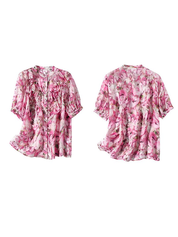 Women's Stand Collar Rose Floral Ruffled Short Sleeve Button Down Silk Blouse