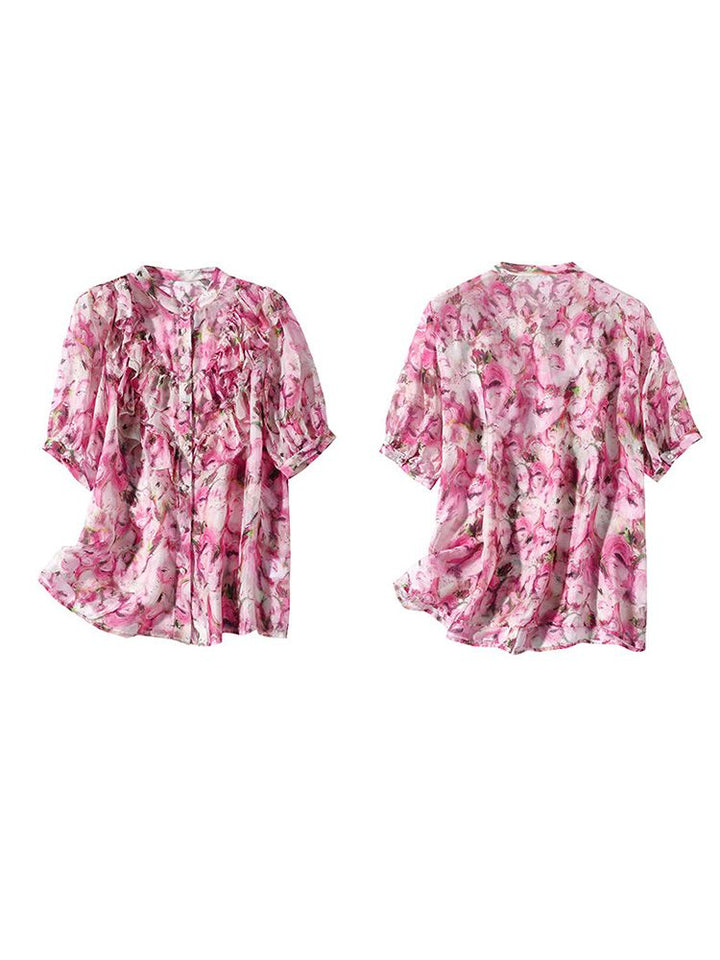 Women's Stand Collar Rose Floral Ruffled Short Sleeve Button Down Silk Blouse