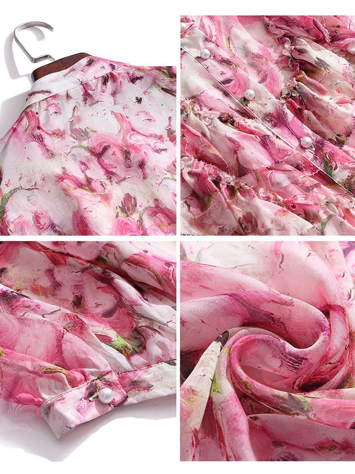 Women's Stand Collar Rose Floral Ruffled Short Sleeve Button Down Silk Blouse