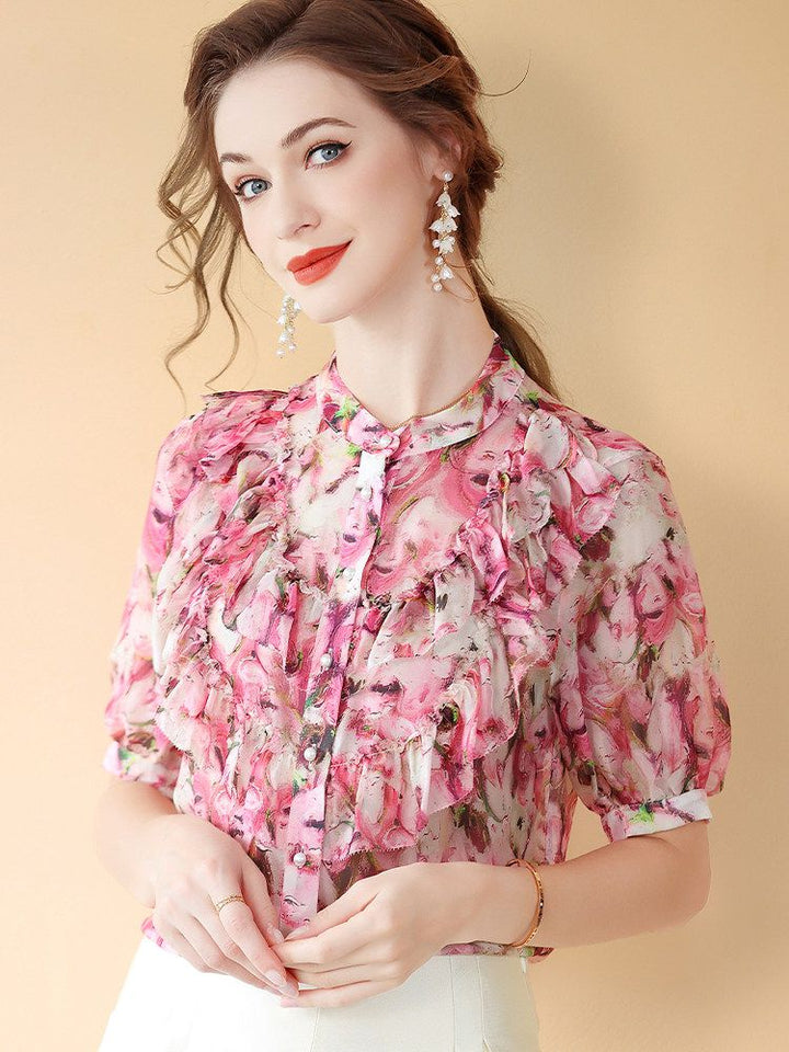 Women's Stand Collar Rose Floral Ruffled Short Sleeve Button Down Silk Blouse