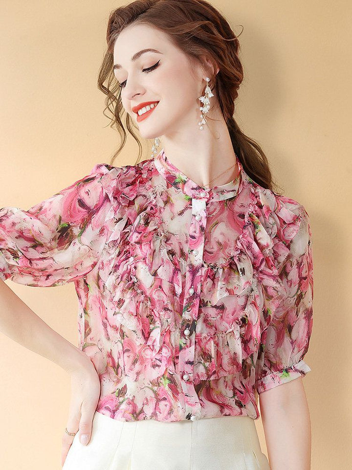 Women's Stand Collar Rose Floral Ruffled Short Sleeve Button Down Silk Blouse