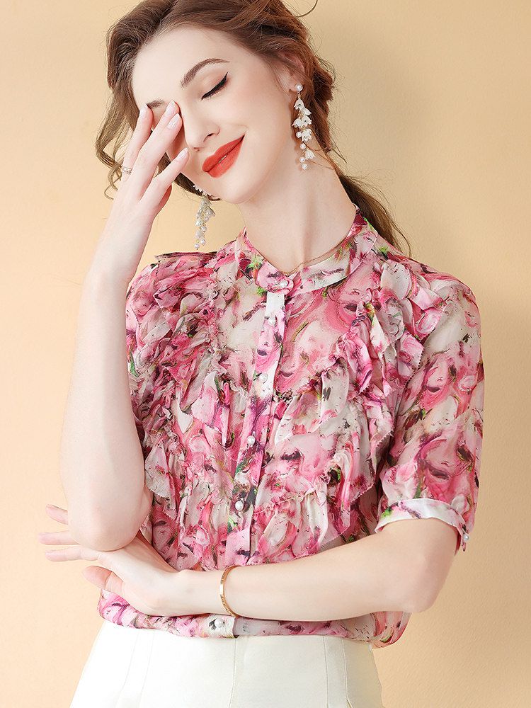 Women's Stand Collar Rose Floral Ruffled Short Sleeve Button Down Silk Blouse