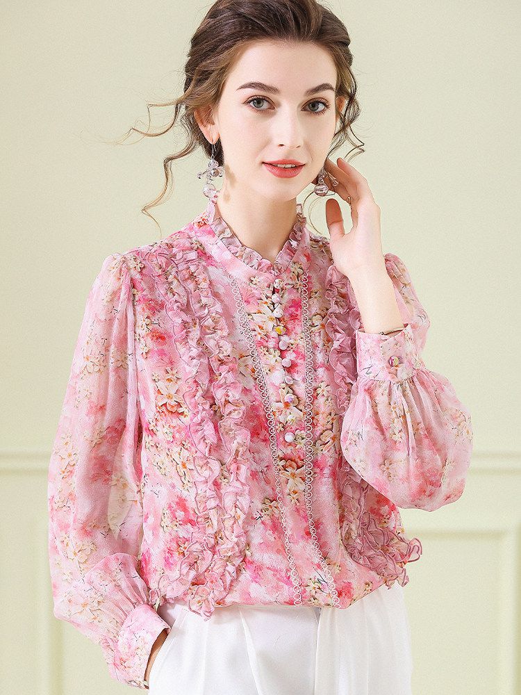 Victorian Stand Collar Lantern Sleeve Floral Mulberry Silk Blouse