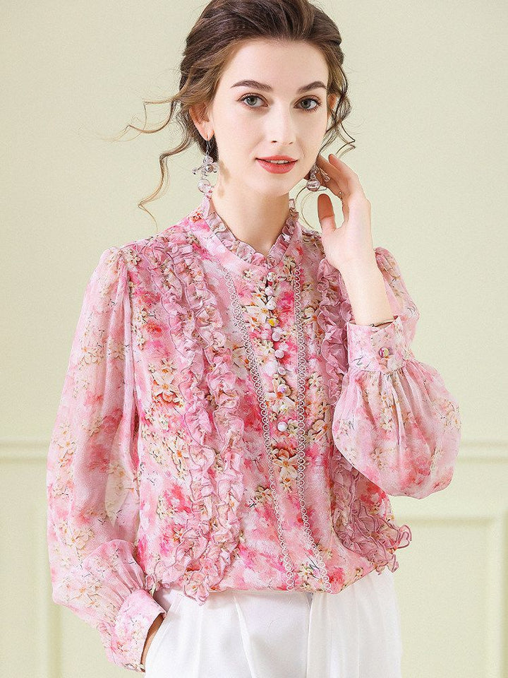 Victorian Stand Collar Lantern Sleeve Floral Mulberry Silk Blouse