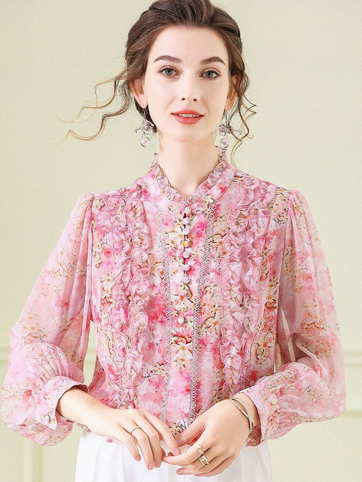 Victorian Stand Collar Lantern Sleeve Floral Mulberry Silk Blouse