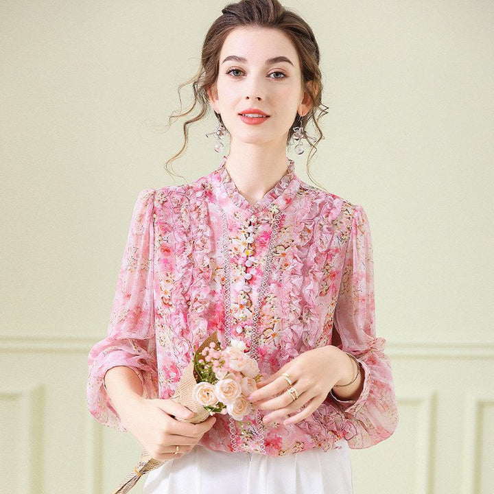 Victorian Stand Collar Lantern Sleeve Floral Mulberry Silk Blouse