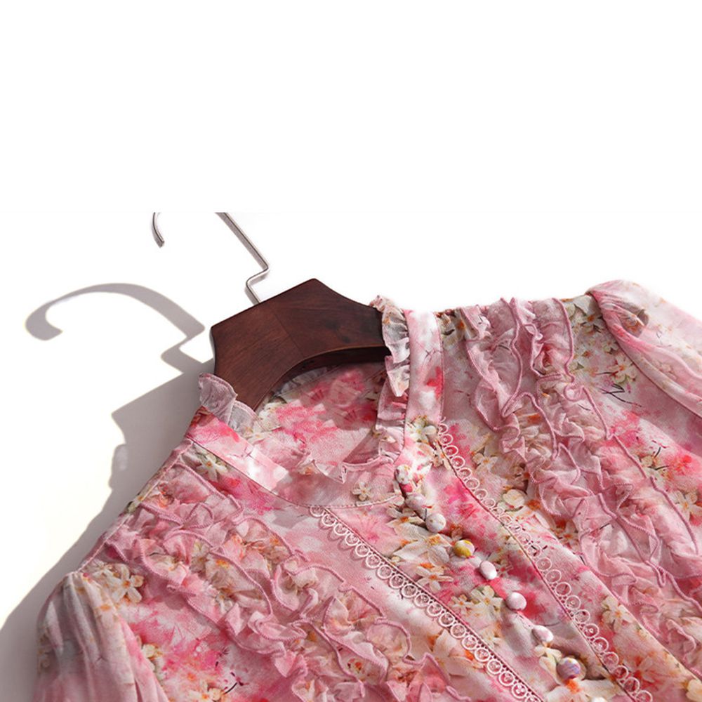 Victorian Stand Collar Lantern Sleeve Floral Mulberry Silk Blouse