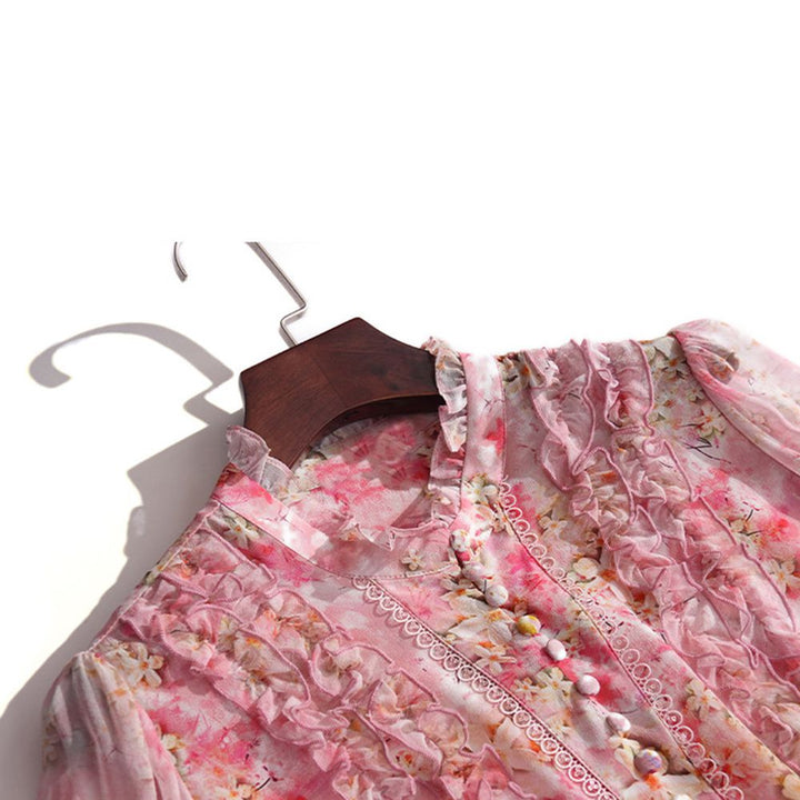 Victorian Stand Collar Lantern Sleeve Floral Mulberry Silk Blouse