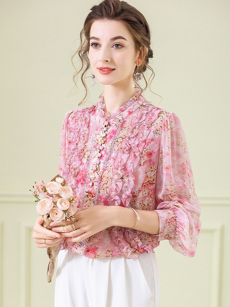 Victorian Stand Collar Lantern Sleeve Floral Mulberry Silk Blouse