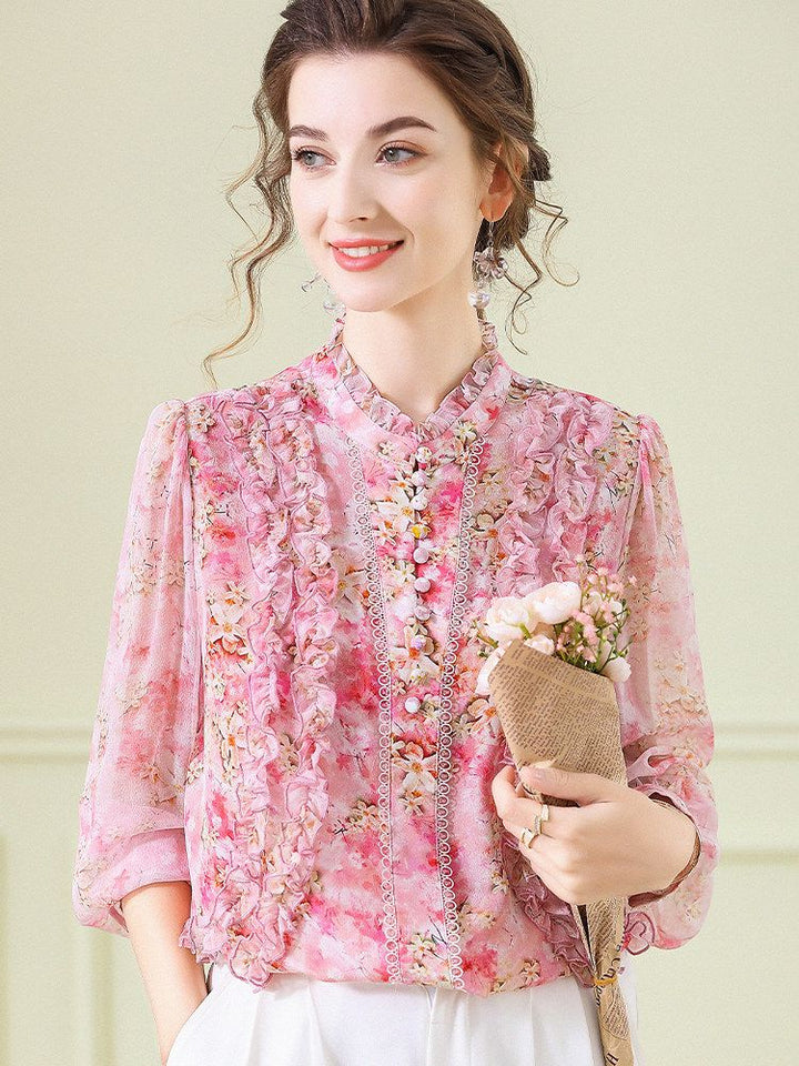 Victorian Stand Collar Lantern Sleeve Floral Mulberry Silk Blouse