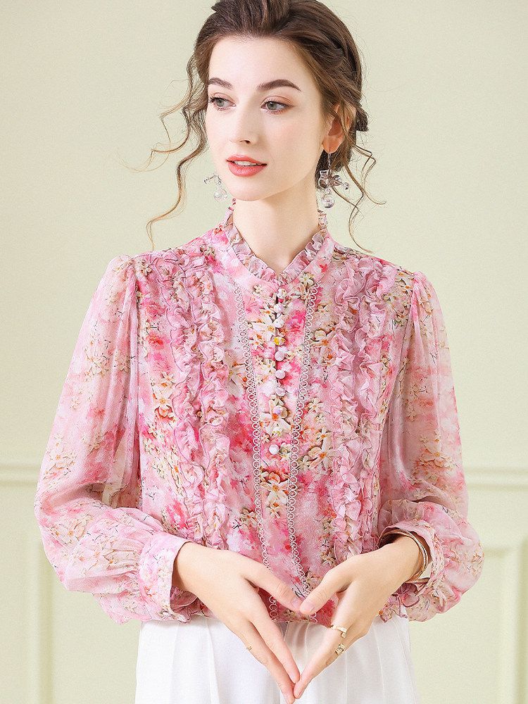 Victorian Stand Collar Lantern Sleeve Floral Mulberry Silk Blouse