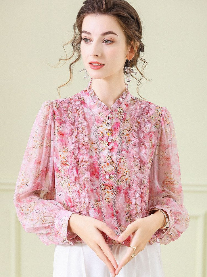Victorian Stand Collar Lantern Sleeve Floral Mulberry Silk Blouse