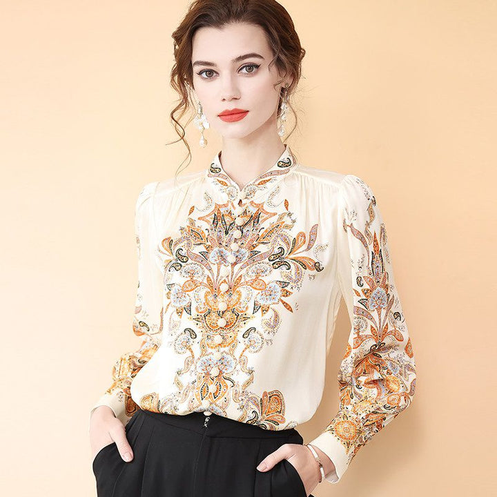 Women's Vintage Bohemian Print Cream Lantern Sleeve Silk Blouse Top