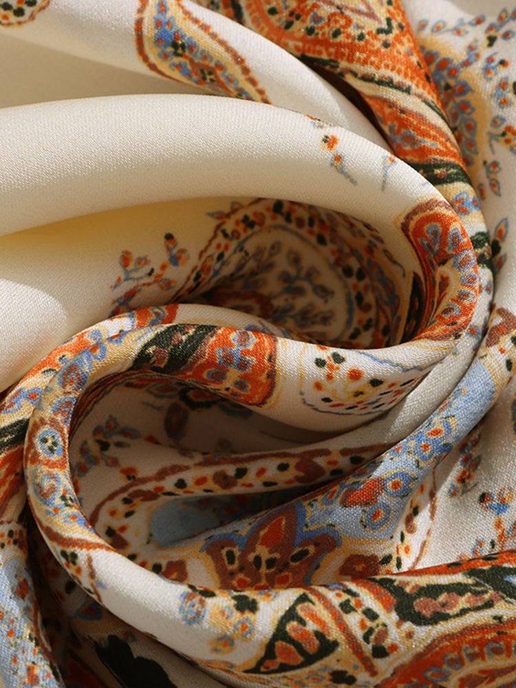 Women's Vintage Bohemian Print Cream Lantern Sleeve Silk Blouse Top