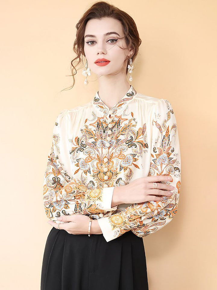 Women's Vintage Bohemian Print Cream Lantern Sleeve Silk Blouse Top