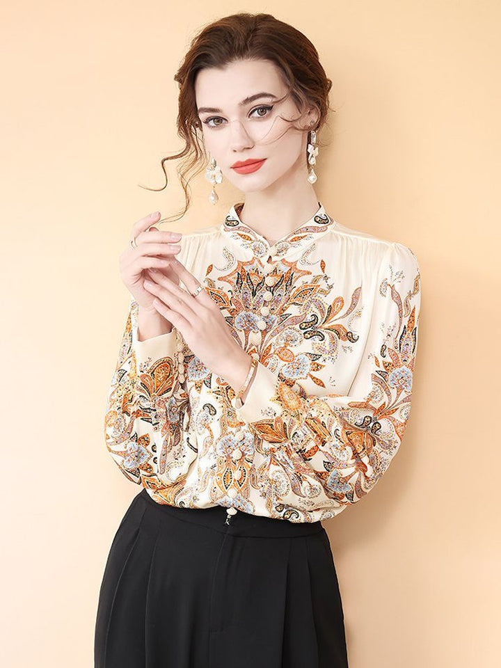 Women's Vintage Bohemian Print Cream Lantern Sleeve Silk Blouse Top