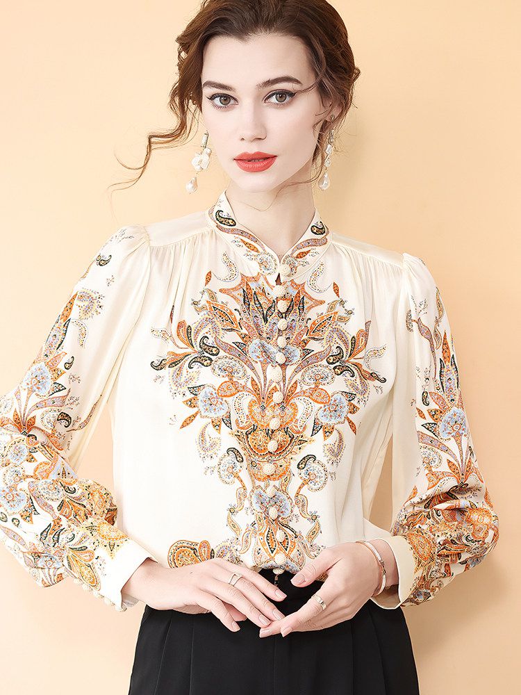 Women's Vintage Bohemian Print Cream Lantern Sleeve Silk Blouse Top